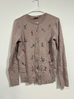 LOFT Dusty Mauve Embroidered Button-Front Cardigan